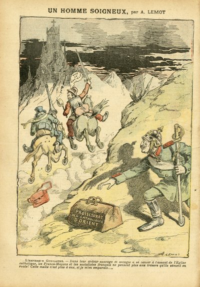 Illustration av Achille Lemot (1846-1909) i Le Pelerin, 28/05/05 - A Careful Man - Antiklerikalism, Social, Kolonisation Kolonialism Kolonism, Franco-Maconism, Orient, Religion Tro, Vänsterblocket, Socialism, Protectorate of Eastern Catholicism, Katolsk ka av Achille Lemot