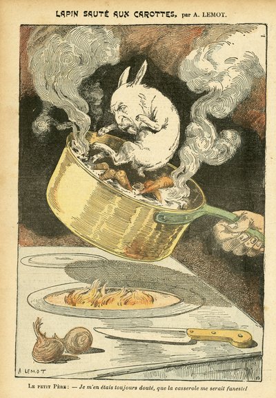Illustration av Achille Lemot (1846-1909) i Le Pelerin, 01/29/05 - Kaninjumte med morötter - Arkivfodral, Gastronomikök - Combes Emile (1835-1921), Kanin - Kastrull - Matmetafor, Animalisering av Achille Lemot