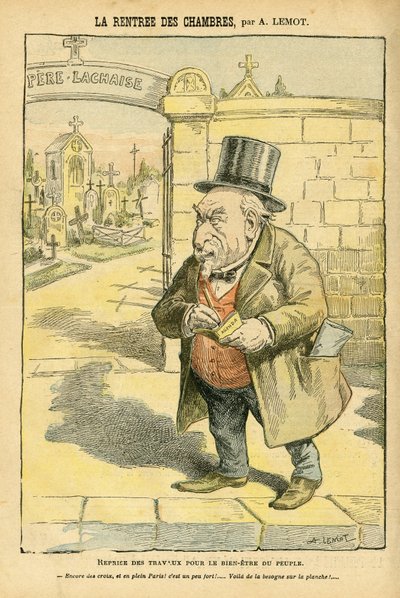 Illustration av Achille Lemot (1846-1909) i Le Pelerin, 29/05/04 - La rentree des rooms - Religion Faith, Cemetery, Bloc des lefches, Mourning Obseques Funerailles, Pere Lachaise, Katolsk katolicism - Laicization av det religiösa rummet, Laicite Laiques av Achille Lemot