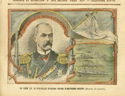 Illustration av Achille Lemot (1846-1909) i Le Pelerin, 30/04/05 - Ledaren för den nya ryska Fjärran Östern-skvadronen - Ryssland, Armee, Navy Seaside, Örlogsfartyg - Amiral Amirals, Rodjestvensky (Zinovi Rozhestvensky) av Achille Lemot