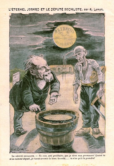 Socialistisk ställföreträdare som lovar månen (pensionering) till en fattig proletär (snickare), i Le Pelerin, katolsk veckotidning nr 1391 av 30 augusti 1903 av A. Lemot (ritning) av Achille Lemot