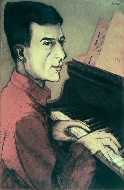 Porträtt av Maurice Ravel som spelar piano av Achille Ouvré