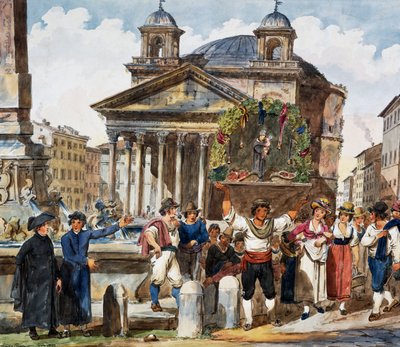 Jordgubbsfestival på Pantheon i Rom, akvarell av Achille Pinelli (1809-1841), Italien av Achille Pinelli