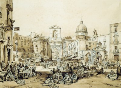 Porta Capuana i Neapel, av Achille Vianelli (1803-1894), sepia, 43x60,5 cm av Achille Vianelli