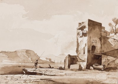 Möjligen en vy från Posillipo, med Vesuvius i fjärran, med tillägg av en Borbone-pupill (penna och sepia tvättar på papper) av Achille Vianelli