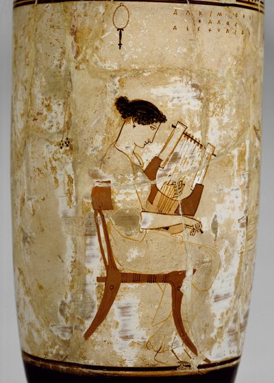 Attic white-ground lekythos med bild av kvinnliga musiker, 400-talet f.Kr av Achilles Painter