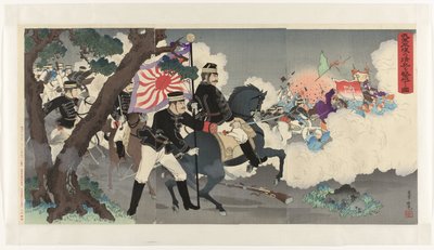 Bild på vår armé som besegrar kineserna i Pyongyang Waga gun Heijô no shinhei o gekiha suru zu (titel på objekt) av Adachi  Ginkō