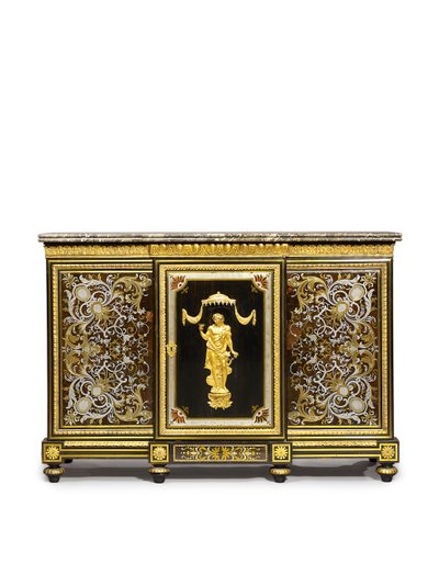 Louis XVI sidoskåp, beställt av Marchand-Mercier Claude-Francois Julliot, inkluderande Louis XIV intarsiapaneler, ca 1775-1800 (ormolu monterad, mässing & tenn inlagd ebenholts och sköldpaddashe av Adam (attr. to) Weisweiler