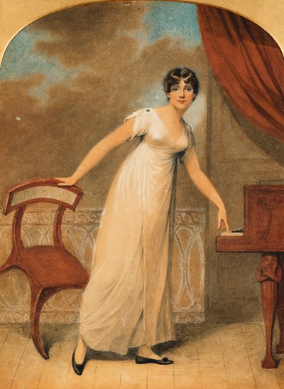 Porträtt av en dam, stående i full längd i en vit klänning av ett piano, 1801 av Adam Buck