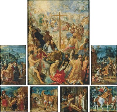 Tyska: Der Frankfurter Kreuzaltar (Die Auffindung und Verherrlichung des Wahren Kreuzes) Altartavlan i Frankfurt med det heliga korset av Adam Elsheimer