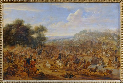 Strid nära en bro... av Adam Frans van der (circle of) Meulen