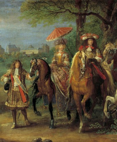 Kung Ludvig XIV (1638-1715) och drottning Marie-Therese av Österrike (1638-1683) går framför slottet i Vincennes 1669 i detalj av målningen av Adam Frans Van der Meulen (1632-1690) av Adam Frans van der Meulen