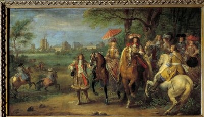 Kung Ludvig XIV (1638-1715) och drottning Marie-Therese av Österrike (1638-1683) går framför slottet i Vincennes 1669 Målning av Adam Frans Van der Meulen (1632-1690) av Adam Frans van der Meulen