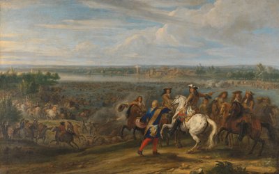 Ludvig XIV korsar in i Nederländerna vid Lobith Ludvig XIV korsar Rhen vid Tolhuis nära Lobith, 12 juni 1672 av Adam Frans van der Meulen