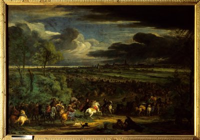 Devolutionskriget (1667-1668): "" Utsikt över kung Ludvig XIV:s Armee-marsch på Kortrijk den 18 juli 1667"" Man kan se marechalen av Aumont (Antoine d