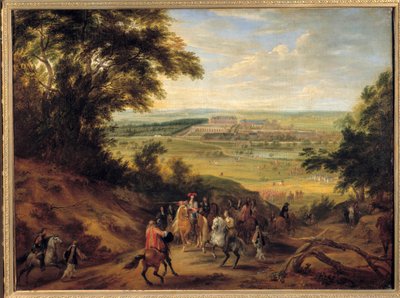 Utsikt över slottet i Versailles, taget från Satorys höjder Ludvig XIV (1638-1715) som gav sina order till jaktofficeraren, med tanke på slottet i Versailles, på Satorys höjder. Målning av Adam Frans van der Meulen (1632-1690). 1664 S av Adam Frans van der Meulen