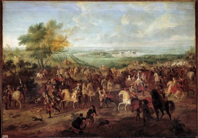 Gå med vagn av kung Ludvig XIV (1638-1715), drottning Marie Therese av Österrike, Dauphin Louis och Dauphine framför slottet Clagny i Versailles Målning av Adam van der Meulen (1632-1690) Runt 1680 sön. 1,4x1,9 av Adam Frans van der Meulen
