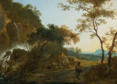 Italienskt landskap med en resenär på en stig vid ett vattenfall av Adam Pynacker