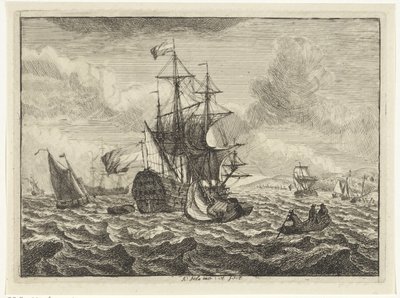 Havslandskap med fartyg och roddbåt av Adam Silo