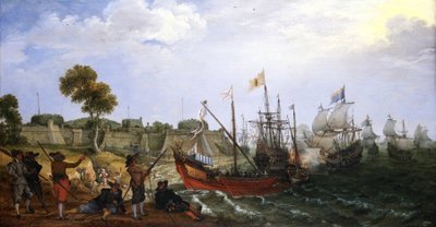 En holländsk krigseskadron anfaller en spansk kolonial fästning som försvaras av båtar av Adam Willaerts