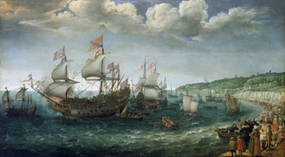 Ombordstigning av Fredrik I av Wittelsbach (1596-1632), kurfurste av Pfalz (som skulle bli kung av Böhmen), på fartyget "Prince Royal", i Dover (England), den 25 april av Adam Willaerts