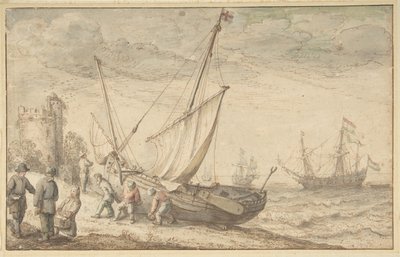 Fiskare som drar sin båt på stranden, n.d. av Adam Willaerts