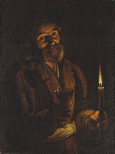 Gammal man som håller ett ljus och ett glas av Adam de Coster