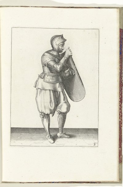 Övningen med målet och griparen: soldaten håller i målet med höger hand och tar tag i bältet (nr 3) med vänster hand, 1618 Nassausche Wapen-Handelinge, van Schilt, Spies, Rappier ende Targe: avbildad av figuren och uppsättningen efter av Adam van Breen