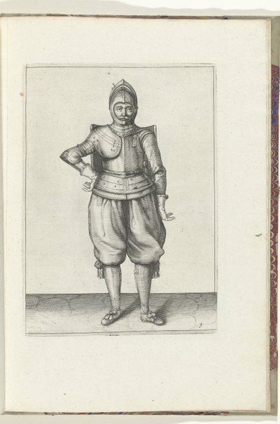 Drillen med målet och griparen: soldaten i vila med målet på ryggen (nr 1), 1618 Nassausche Wapen-Handelinge, van Schilt, Spies, Rappier and the Targe: beyde figuerlick avbildad, och den inramade efter den nya ordningen [av] (...) Maurits van Nassa av Adam van Breen