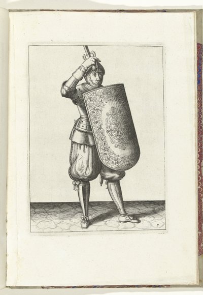 Drillen med målet och griparen: hur soldaten ska stänga visiret på sin hjälm med målet och den dragna griparen i hand (nr 7), 1618 Nassausche Wapen-Handelinge, van Schilt, Spies, Rappier and the Targe: beyde figuerlick avbildad, och av Adam van Breen