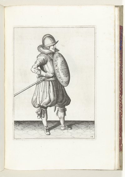 Sköld- och spikövningen: Soldaten flyttar spiken till dragposition på två gånger, andra rörelsen (nr 14), 1618 Nassausche Wapen-Handelinge, van Schilt, Spies, Rappier and the Targe: beyde figuerlick avbildad, slut inramad efter den nya av Adam van Breen