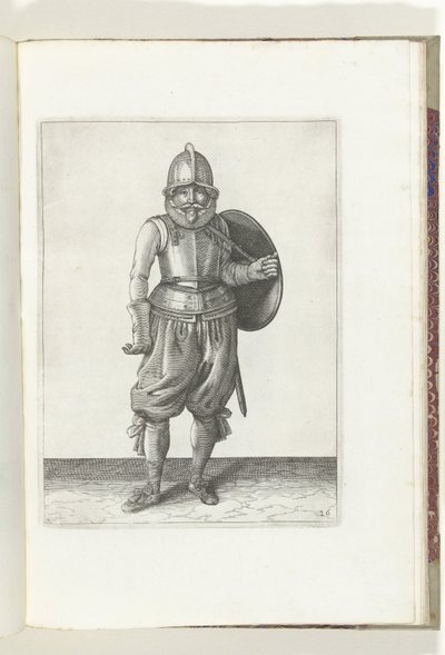 Sköld- och spikövningen: Soldaten återför skölden till baksidan med sin vänstra arm (nr 26), 1618 De Nassausche Wapen-Handelinge, van Schilt, Spies, Rappier and the Targe: beyde figuerlick avbildad, slut inramad efter den nya ordningen [av] (.. av Adam van Breen