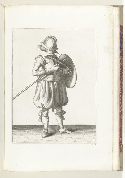 Sköld- och spikövningen: Soldaten håller spik och sköld nära kroppen (nr 15), 1618 Nassausche Wapen-Handelinge, van Schilt, Spies, Rappier and the Targe: beyde figuerlick avbildad, och den inramade efter den nya ordningen [av] (...) Maurit av Adam van Breen