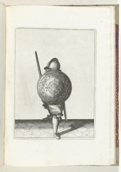Sköld- och spikövningen: Soldaten i försvarsposition med en fot framför och hans gripare och sköld på knäet framför kroppen, sett framifrån (nr 22), 1618 Nassausche Weapons Act, av Schilt, Spies, Rappier och Targ av Adam van Breen