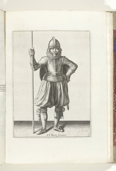 Övningen med sköld och spjut: soldaten i vila med spjutet i hand och skölden på ryggen (nr 1), 1618 Nassausche Wapen-Handelinge, van Schilt, Spies, Rappier ende Targe : avbildad av figuren och inställd efter den nya ordningen [av] ( av Adam van Breen
