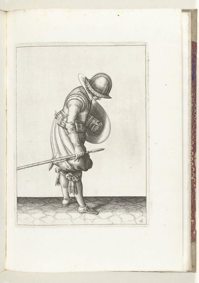 Övningen med sköld och spik: Soldaten placerar spiken på marken bredvid sin högra fot (nr 16), 1618 Nassausche Wapen-Handelinge, van Schilt, Spies, Rappier ende Targe: avbildad av figuren och poserad efter den nya ordningen [av] (...) M av Adam van Breen