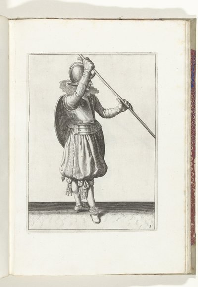 Sköld- och spetsövningen: Soldaten med spiken vinklad i båda händerna med höger hand vid huvudet och skölden på baksidan (nr 3), 1618 Nassausche Wapen-Handelinge, van Schilt, Spies, Rappier and the Targe: beyde figuerlick avbildad, slut av Adam van Breen