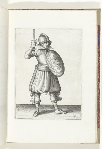 Sköld- och spikövningen: Soldaten presenterar sin rapier för hand inte högre än sitt ansikte (nr 19), 1618 Nassausche Wapen-Handelinge, van Schilt, Spies, Rappier and the Targe: beyde figuerlick avbildad och inramad efter den nya ordningen av Adam van Breen