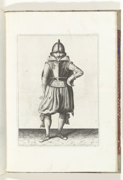 Sköld- och spetsövningen: Soldaten som står i vila med skölden på ryggen (nr 27), 1618 Nassausche Wapen-Handelinge, van Schilt, Spies, Rappier and the Targe: beyde figuerlick avbildad, och den inramade efter den nya ordningen [av] (...) Maurits v av Adam van Breen