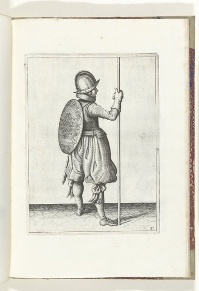 Sköld- och spikövningen: Soldaten som står med spiken vilande på marken bredvid höger fot (nr 30), 1618 Nassausche Wapen-Handelinge, van Schilt, Spies, Rappier and the Targe: beyde figuerlick avbildad och inramad efter den nya ordningen av Adam van Breen