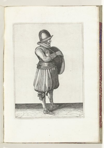Sköld- och spikövningen: Soldaten drar sin arm från sköldens bälte (nr 25), 1618 Nassausche Wapen-Handelinge, van Schilt, Spies, Rappier and the Targe: beyde figuerlick avbildad, och den inramade efter den nya ordningen [av] (...) Maurits av Adam van Breen
