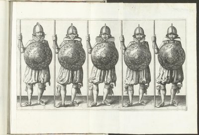 Sköld- och spikövningen: Fem soldater som står sida vid sida i linje med spiran i höger hand vilande på marken och skölden framför bröstet (nr 31), 1618 The Nassausche Wapen-Handinge, van Schilt, Spies, Rappier andde Mål : beyde f av Adam van Breen