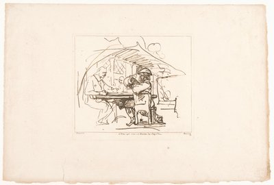 Två män vid ett bord, en av dem med en kanna Sex tryck efter teckningar av Rembrandt, förvarade i Hofbibliothek i Wien (serietitel) Sex estampes gravées d