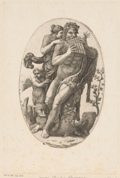 Satyr med panflöjt och en nymf av Adamo Scultori