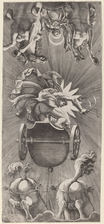 Solens nedgång med Apollons och Dianas vagnar av Adamo Scultori after Giulio Romano