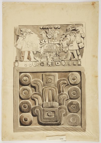 En stenrelief från Mexico City som överst visar två figurer av krigare vända mot ett centralt dekorerat "bord" (akvarell) av Adela Breton