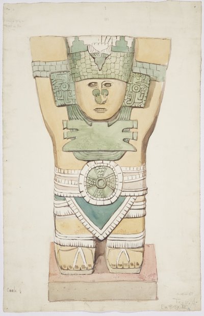 Caryatid III, yttre kammare, Jaguarernas övre tempel (tempel A), Chichen Itza, Mexiko (akvarell) av Adela Breton