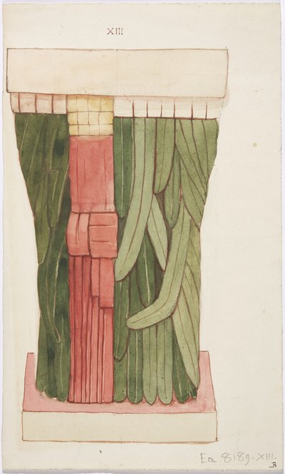 Caryatid från den yttre kammaren, Temple A, Ball Court Temple, Chichen Itza, Mexiko (akvarell) av Adela Breton