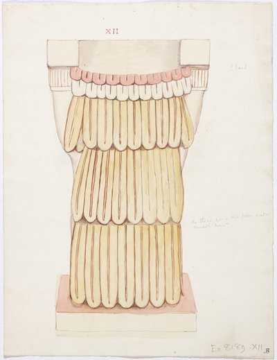 Caryatid från den yttre kammaren, Temple A, bollplan, Chichen Itza, Mexiko (akvarell) av Adela Breton
