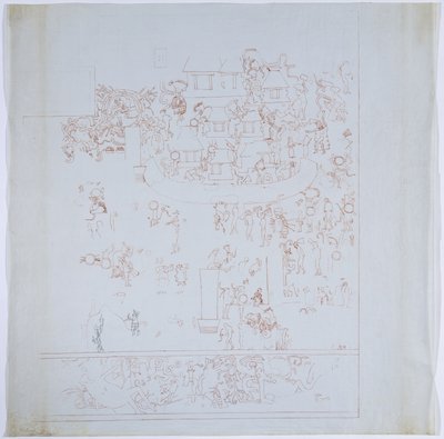 Kopia av en komplett väggmålning från västra väggen, Jaguarernas övre tempel, Chichen Itza, Mexiko Inre kammare på västra väggen Ritad i rött bläck (rött & svart bläck & grafit) av Adela Breton